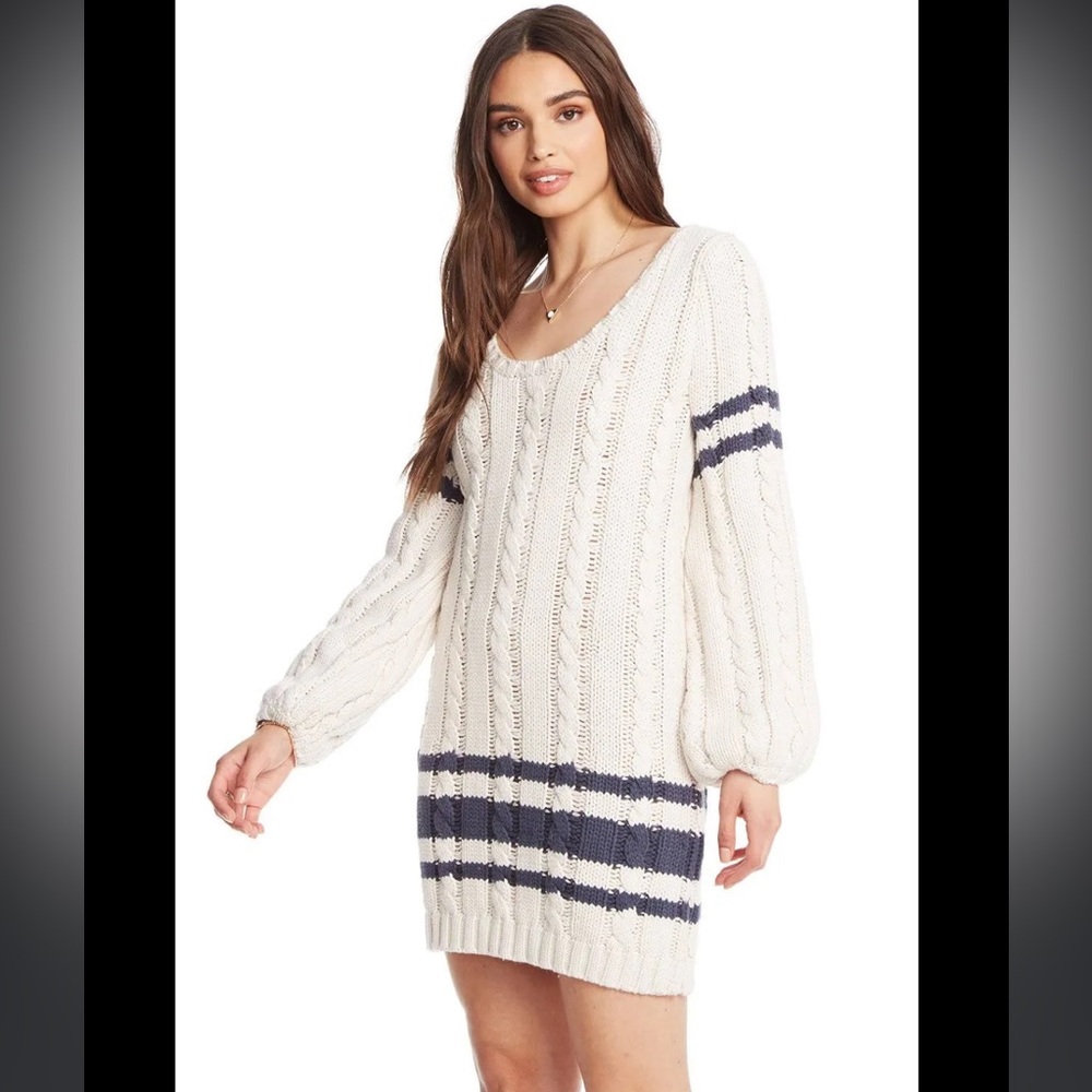 CHASER Cream Navy Blue Stripe Cable Knit Balloon Bishop Sleeve Mini Dress S/M‎